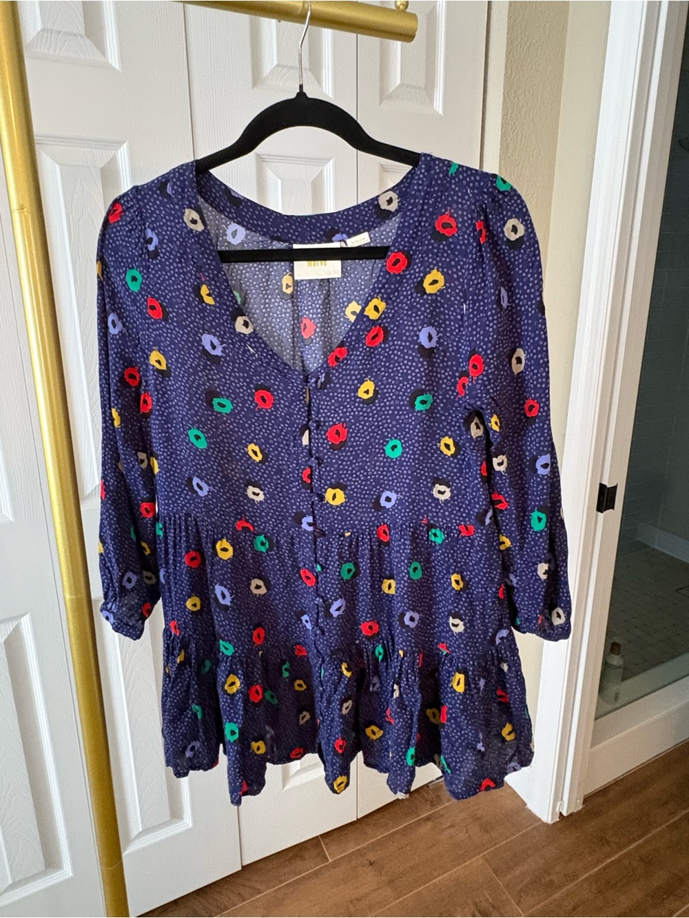 Anthropologie Maeve Navy Multicolor Floral Dot V-Neck Tunic, Size M